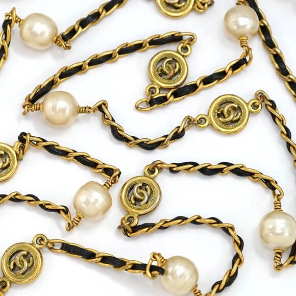 CHANEL CC Logos Black Leather Pearl Long Necklace 80&#034; Gold Tone 95P w/Box # - Picture 1 of 6